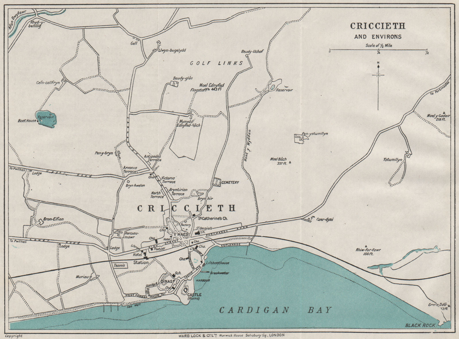 CRICCIETH AND ENVIRONS vintage town/city plan. Wales. WARD LOCK 1923 old map